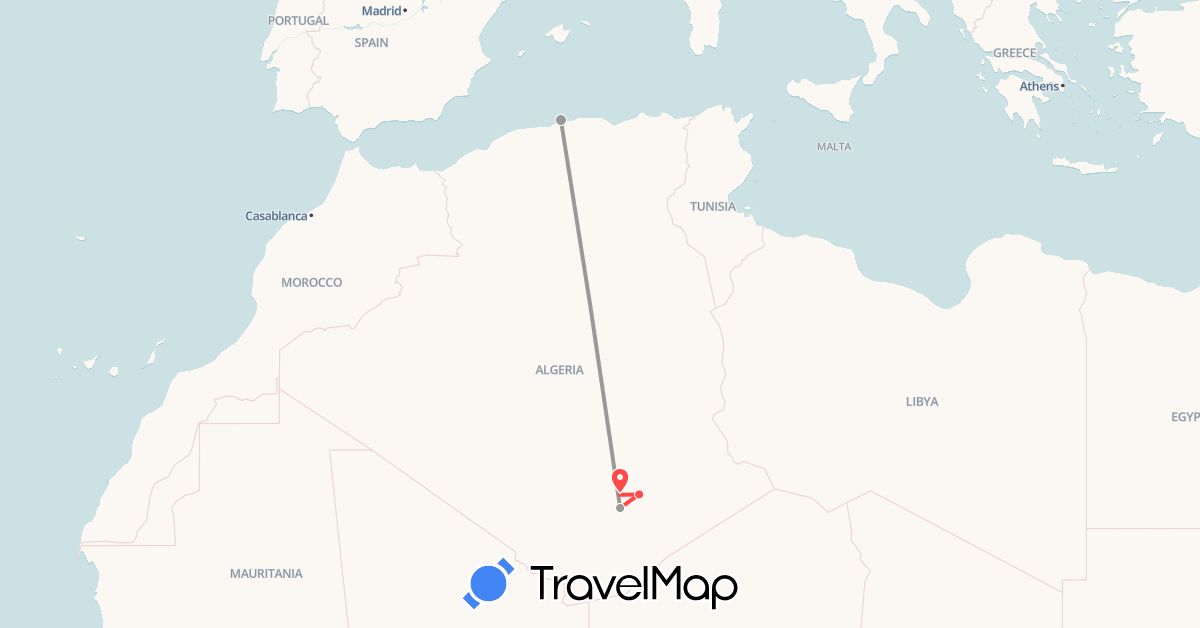 TravelMap itinerary: driving, plane, hiking in Algeria (Africa)